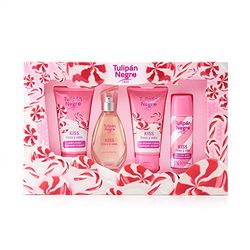 Tulipa preta - morango e nata, estojo de presente unissexo, colónia 50 ml loção corporal 75 ml gel de banho 75 ml desodorizante spray 50 ml, aroma doce de longa duração
