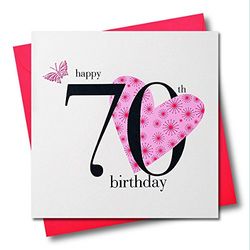 Claire Giles Greeting Cards, Happy 70th Birthday Card, Pink Heart Design, Embellished with a Fabric Butterfly