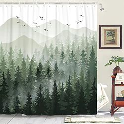 Accnicc Set di tende da doccia verde nebbioso foresta ombre verde salvia bianco tessuto impermeabile tende da doccia natura albero montagna bosco decorativo bagno tenda decorazione (72 '' × 72 '',