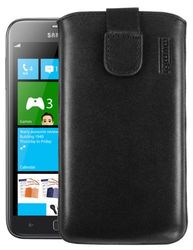 mumbi Mobilskal i äkta läder med klaff och dra upp rem för Samsung Ativ S