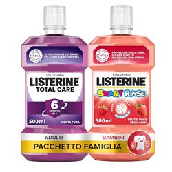 LISTERINE Collutorio Set Famiglia, Total Care, Menta Pura, 500 ml + Smart Rinse Kids, Senza Alcol e Senza Zucchero, Frutti Rossi, 500 ml per un'igiene orale completa – Esclusiva Amazon