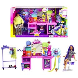 Barbie Extra pop en kaptafel speelset met unieke pop, hondje en 45+ Stukken, inclusief kaptafel, rollend kledingrek, oplichtende spiegel, kleding en accessoires, speelgoed voor kinderen vanaf 3 jaar