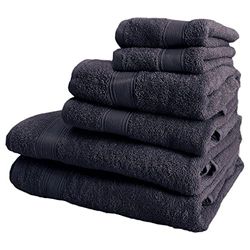 Set of 6 Bath Towels: 2 Courtesy Towels 30 x 50 cm; 2 Basin Towels 50 x 90 cm; 2 Shower Towels 70 x 140 cm 450 g/m2 100% Cotton Dark Grey