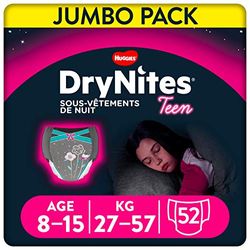 HUGGIES DryNites - sous-vêtements de nuit ultra-absorbants - 8/15 ans Filles (27-57 kg) - 4 paquets de 13 culottes - adapté à la morphologie des filles