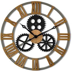 FLEXISTYLE Large wall clock vintage 80cm XL wooden oak oversized roman digits for living room office bedroom silent non ticking