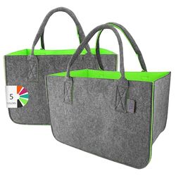 LEVIATAN Felt Bag 2 Pieces Shopper Large 30 Litre Shopping Basket Firewood Bag Clothes Toy Bag Dark Grey/Lime Colour, XL