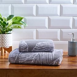 Fusion - Drap de Bain Feuille Grise (70x130cm) - 100% Coton - Super Doux - Serviette Feuilles de Palmier Tropicales - Serviette de Bain/Drap de Bain Gris et Blanc - Accessoire de Salle de Bain Gris