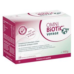 OMNi BiOTiC VOYAGE | 28 sachets (140g) | 10 souches bactériennes | 5 milliards d’UFC par dose journalière | En poudre | Végétalien | Sans gluten | Sans lactose | Pour une utilisation quotidienne