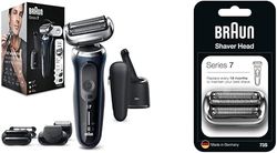 Braun Series 7 Electric Shaver + Series 7 Replacement Head Bundle: with Beard & Stubble Trimmer Attachments, Cordless Foil Razor, Smart Care Centre, 70-B7850cc, Blue Razor + Shaver Head, 73S, Silver