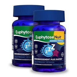 Gummies Sommeil Myrtille, 1 mg Melatonine, complément alimentaire, Vitamine B6, Endormissement plus rapide* - 2x30 Gommes - Sans Sucres - Goût Myrtille - EuphytoseNuit®