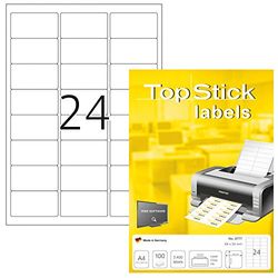 TopStick Self Adhesive Address Labels, 24 Labels per A4 Sheet, 100 Sheets, 64 x 34 mm, 2400 Labels, Blank Mailing Labels Stickers, Sticky Labels for Laser & Inkjet Printer, White