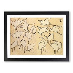 Hokusai Cranes Japanese Art Asian Japanese Framed Wall Art Print, Ready to Hang Picture for Living Room Bedroom Home Office Décor, Black A3 (46 x 34 cm)