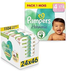 Pack Pampers Harmonie Taped, Taille 4 (174 couches) avec Lingettes Bébé New Baby Harmonie 0% Plastique et Sans Parfum (1104 Lingettes)