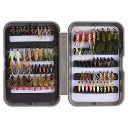 BASSDASH Mosche per pesca alla trota Steelhead al salmone, senza ardiglione, include mosche asciutte bagnate, ninfe, stelle filanti, uova, kit esche per mosche con scatola (76 mosche spinate per