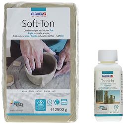 GLOREX 6 8075 300K - Set per creativi: argilla morbida da 2500 g in bianco, da indurire all'aria o da cuocere e 100 ml di sigillante per argilla da sigillare