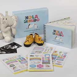 HappyMots - Album Fotos Bebé Niño | HappyMots | 22cm x 15cm | Hola Mundo | Viene con Caja Protectora | Album Bebé para Pegar Fotos y Escribir | Set de Pegatinas Decorativas Incluido