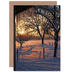 Wee Blue Coo BIRTHDAY PAINTING WINTER FIELDS SNOW SUNSET ART GREETINGS GREETING CARD