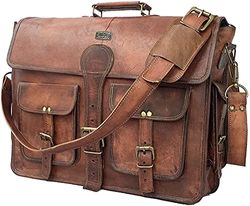 DHK - Bolso bandolera de cuero hecho a mano vintage de 45,7 cm para ordenador portátil, Brown, Large