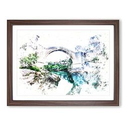 Stari Most Old Bridge Watercolour Modern Framed Wall Art Print, Ready to Hang Picture for Living Room Bedroom Home Office Décor, Walnut A2 (64 x 46 cm)