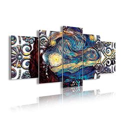 DekoArte 435 - Quadri moderni Stampa di Immagini Artistica Digitalizzata | Tela Decorativa Per Soggiorno o Stanza da letto | Stile Astrazioni Arte Van Gogh La Notte Stellata | 5 Pezzi 200x100cmXXL