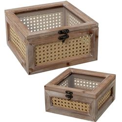 DRW Set di 2 scatole in legno e vimini con coperchio in vetro naturale 25x25x14 cm