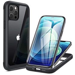 Miracase 360 graden hoesje compatibel met iPhone 12/12 Pro (6,1 inch), volledige beschermhoes met ingebouwde glazen schermbeschermer, zwart
