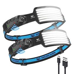 Smiling Shark Linterna Cabeza, 2 Pack 6*Tiras Luz LED Blanco de la Linterna Frontal Más Brillante Recargable Sensor Movimiento Impermeable Camping Ciclismo, Linterna-Frontal-LED-Cabeza-Light