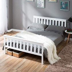 Merax Houten tweepersoonsbed, 140 x 200 cm, massief houten bed, lattenondersteuning, hoofdeinde, wit