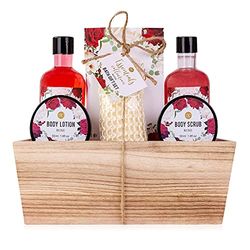 Accentra Set regalo con rose in cestino di legno, per il bagno, la spa e la doccia Set di 7 pezzi in cestino decorativo in legno, ottimo regalo per compleanno, San Valentino