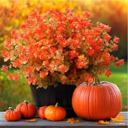 YXYQR 8 stks Herfst Kunstbloemen Outdoor UV Bestand Herfst Oranje Faux Plastic Nep Planten Buiten Opknoping Groen Struiken Regeling Voor Vaas Achtertuin Venster Doos Woondecoratie