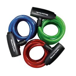 Master Lock Cykellås, kabellås med nyckel, blå, grön och röd, 3-pack, cykellås med nyckel som passar alla lås, 1,8 m lång, 8127TRI