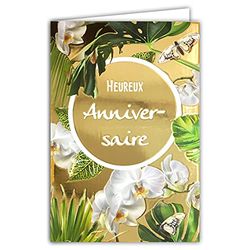 Wenskaart voor verjaardag, tropisch, exotisch, orchideeën, bloemen, vlinders, zwart en goudkleurig, voor feestjes, glanzend, chique, modieus, decoratie