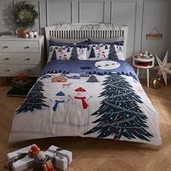 Sleepdown Christmas Scene Snowman Glow in The Dark Soft Easy Care Duvet Cover Quilt Bedding Set with Pillowcase-Single (135cm x 200cm), 48% Cotton, 52% Polyester, White Navy