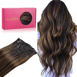 WENNALIFE Extension Capelli Veri Clip, 35cm 120g 7pcs Extension Clip Capelli Veri Balayage Castano Scuro Misto Castano Remy Umani Naturali Capelli Extension con Clip