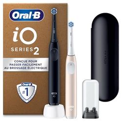 Oral-B iO 2 Duo Brosses A Dents Electriques Pour Adultes, Noire et Rose Clair, 3 Modes De Nettoyage, Doux Pour Les Gencives, Brossage Souple, 2 Brossettes Oral B De Rechange, Chargeur, Etui De Voyage