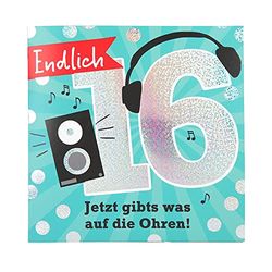 Depesche 11515-026 16th Birthday Number Card with Music, Refined Folding Card with Original Text Inside Including Envelope, Format 15.5 x 15.5 cm