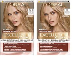 L’ORÉAL PARIS - Coloration Cheveux Cheveux Permanente - Sans Ammoniaque - Couvre 100% des Cheveux Blancs - Excellence Crème Universal Nudes - Nuance : Blond Très Clair Universel (9) (Lot de 2)