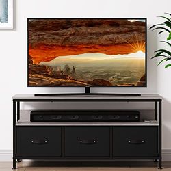 Zstar Supporto per TV, tavolo multimediale con 3 cassetti in tessuto e ripiani aperti per TV da 55 pollici, piedini regolabili, struttura in metallo per soggiorno, corridoio, camera da letto, grigio