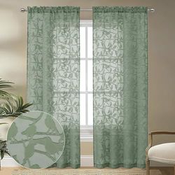 OVZME Anji Lot de 2 Rideaux Transparents texturés Vert Sauge de 213,4 cm de Long pour Salon, Chambre à Coucher, Voilage Jacquard élégant avec Passe-Tringle pour Salon, Chambre à Coucher, 96,5 x 213,4