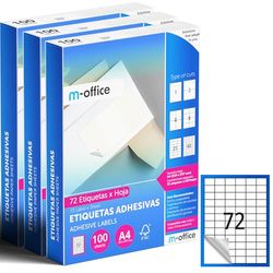 M-office Étiquettes Autocollantes - Imprimables, Blanches, Multiples, Scolaires, pour Bocaux et Cahiers, Autocollants Utiles au Quotidien (72 étiquettes par feuille, 300 feuilles)