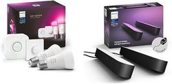 Philips Hue White & Color Ambiance Starter Kit 2 Lampadine Smart, Attacco E27, 9W, Hue Bridge e Telecomando Smart Button inclusi White and Color Ambiance Lampada da Tavolo LED Smart Play