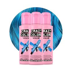 Crazy Color Vibrant Capri Blue Semi-Permanent Trio Hair Dye. Highly Pigmented Electric Blue Conditioning & Oil Nourishing Vegan Formula | No Bleach or Ammonia | 300ml