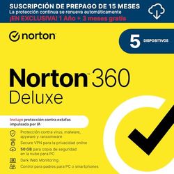 Norton 360 Deluxe 2025 |Antivirus 5 Dispositivos|15 meses con renovación automática| Descarga digital