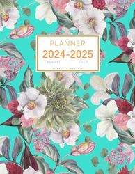 Planner August 2024-2025 July: 8.5 x 11 Weekly and Monthly Organizer | Watercolor Vintage Botanical Design Turquoise