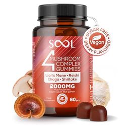 SOOL Gomitas de Complejo de 4 Hongos Sabor a Frutos Rojos 2000mg, 60 unidades: Chaga, Reishi, Shiitake y Melena de Leon (Lions Mane) | Nootropicos de Alta Potencia | Suplemento para Memoria I Vegano