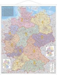 Postleitzahlen-Karte Deutschland 1 : 750 000. Wandkarte Grossformat mit Metallstäben: Laminiert, bescreib- und abwischbar, besonders reißfest, Metallleisten mit Aufhängeschnur