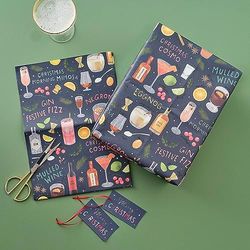 Ginger Ray Kerst Feestelijke Cocktails 2 Vellen Papier & 4 Gift Tags Present Wrap Set