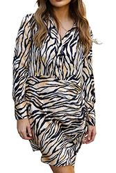 Bruine Zebra Satijn Plooien Detail Button Down Shirt Jurk, Multi kleuren, 36