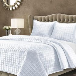 Tribeca Living Bäddset i sammet för queen size-säng, tredelat set med rutsömmar som innehåller ett överdimensionerat täcke och två kuddöverdrag, 260 GSM supermjuk sammet, vit