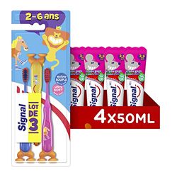 Signal Kit Dentaire pour Enfants 4 Dentifrices Enfants 3-6 ans Fraise Gaga et 3 Brosses à Dents Enfants Manuelles Extra Souple 2-6 ans (Lot de 4 Dentifrices Enfants et 3 Brosses à Dents Enfants)